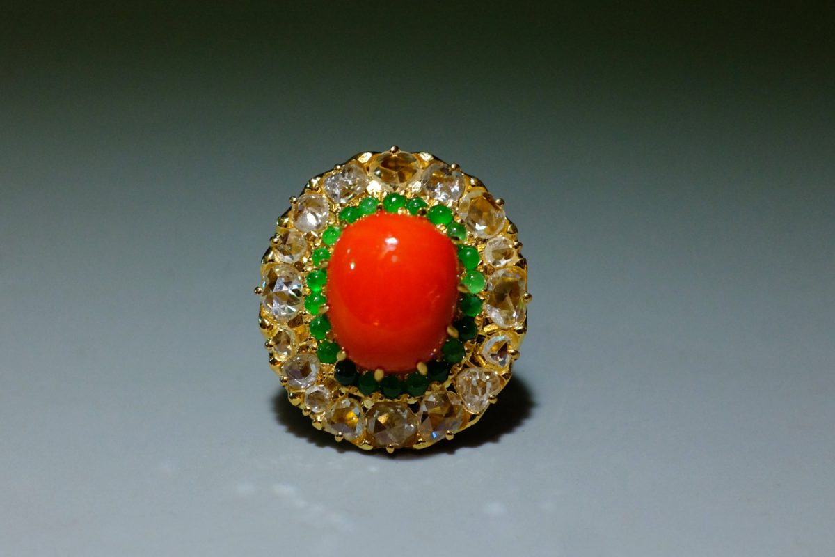 22k High Dome Red Coral Diamond Ring Cocktail GIA Singapore Island