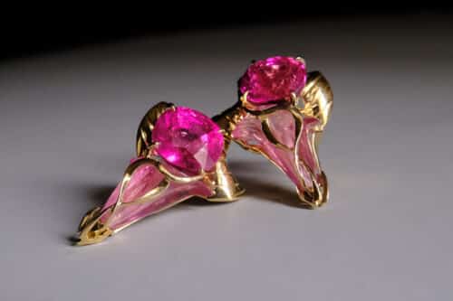 calla lily earrings, rubellite earrings, calla lily jewelry, bespoke jewelry singapore, bespoke jewellery singapore, unusual flower jewellery, SIJS, flower earrings singapore, bespoke earrings singapore, large flower stud earrings, statement flower earrings gold, SIJS