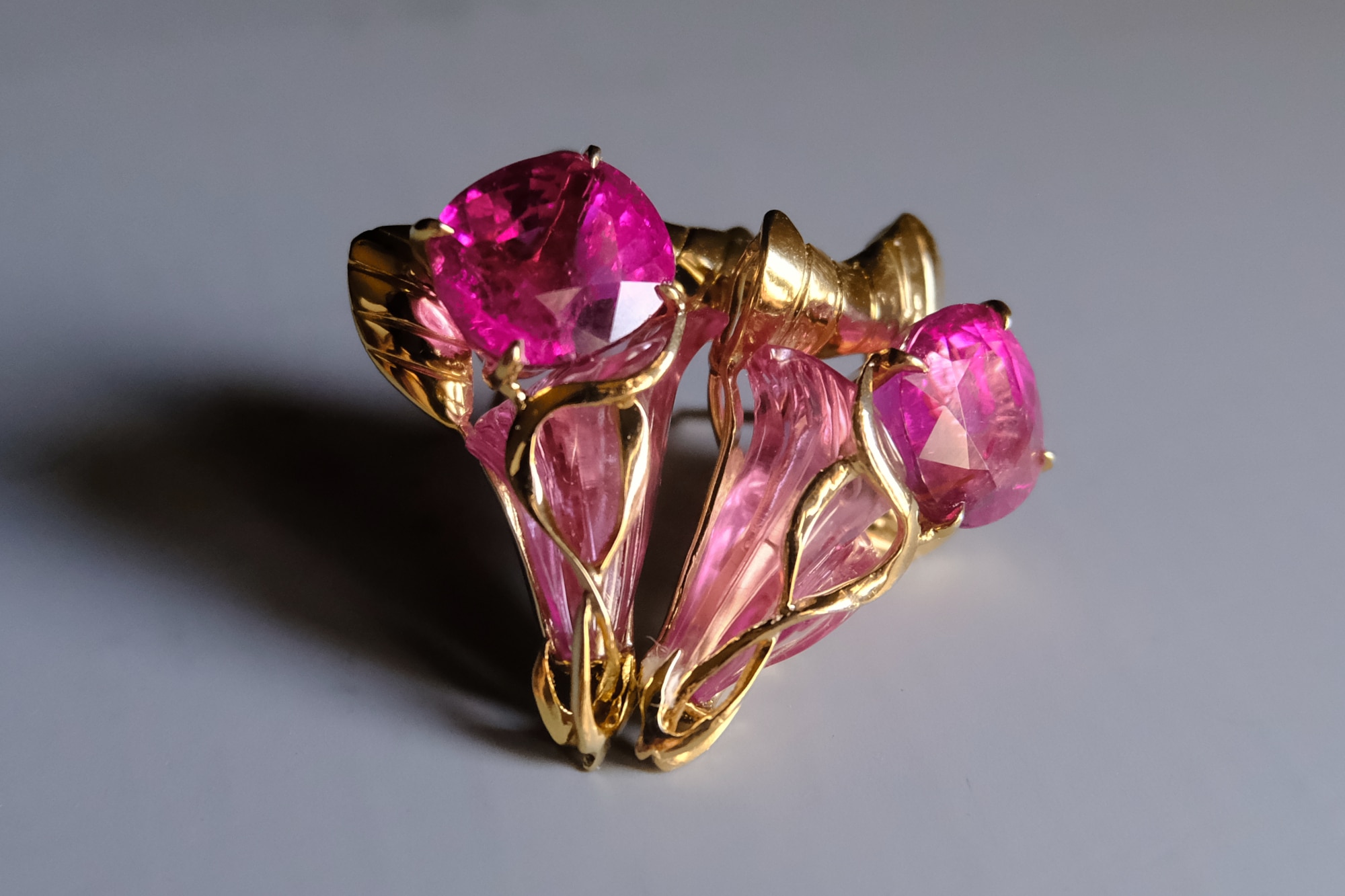 calla lily earrings, rubellite earrings, calla lily jewelry, bespoke jewelry singapore, bespoke jewellery singapore, unusual flower jewellery, SIJS, flower earrings singapore, bespoke earrings singapore, large flower stud earrings, statement flower earrings gold, SIJS