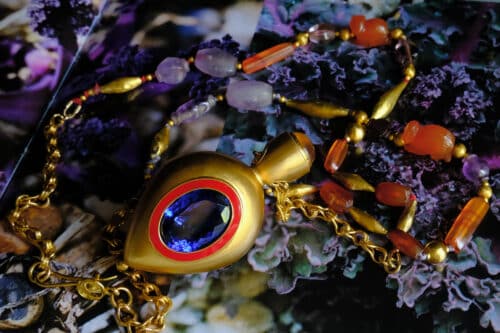 Amphora Necklace, ancient pyu beads, pyu beads, gold amphora necklace, tanzanite pendant necklace, amphora vase necklace, custom gold pendant singapore, long pendant necklace, SIJS