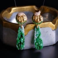 Carved Jade Drop Earrings, moon earrings dangle gold, carved moon face earrings, unique jewellery singapore, custom fine jewelry singapore, bespoke jewellery singapore, unique handmade jewelry business names, chinese jade plaques, SIJS