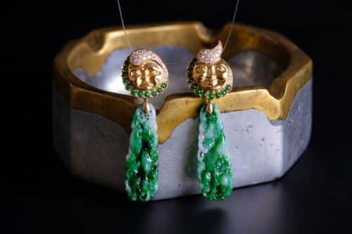 Carved Jade Drop Earrings, moon earrings dangle gold, carved moon face earrings, unique jewellery singapore, custom fine jewelry singapore, bespoke jewellery singapore, unique handmade jewelry business names, chinese jade plaques, SIJS