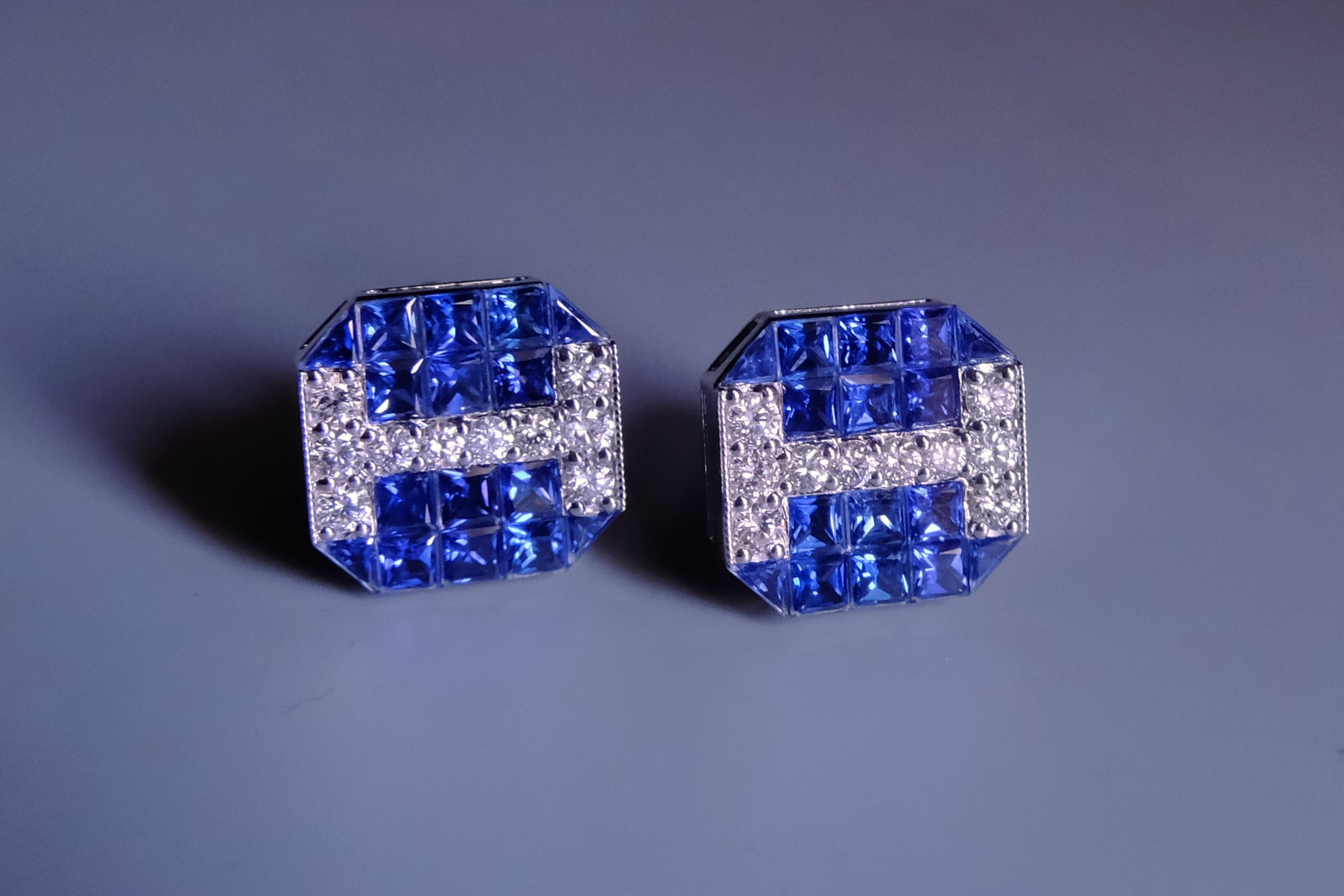 Art Deco Sapphire Earrings, sapphire earrings singapore, blue sapphire earrings with diamonds, royal blue sapphire earrings, unique jewellery singapore, custom earrings singapore, custom fine jewelry singapore, bespoke jewellery singapore, unique handmade jewelry business names, SIJS